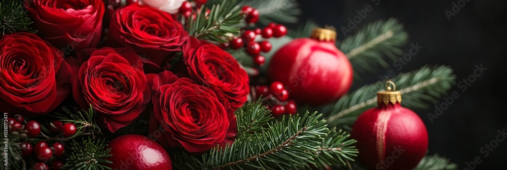 Luxury Red Roses Christmas Bouquet with Ornaments Luxury Red Roses Christmas Bouquet with Ornaments