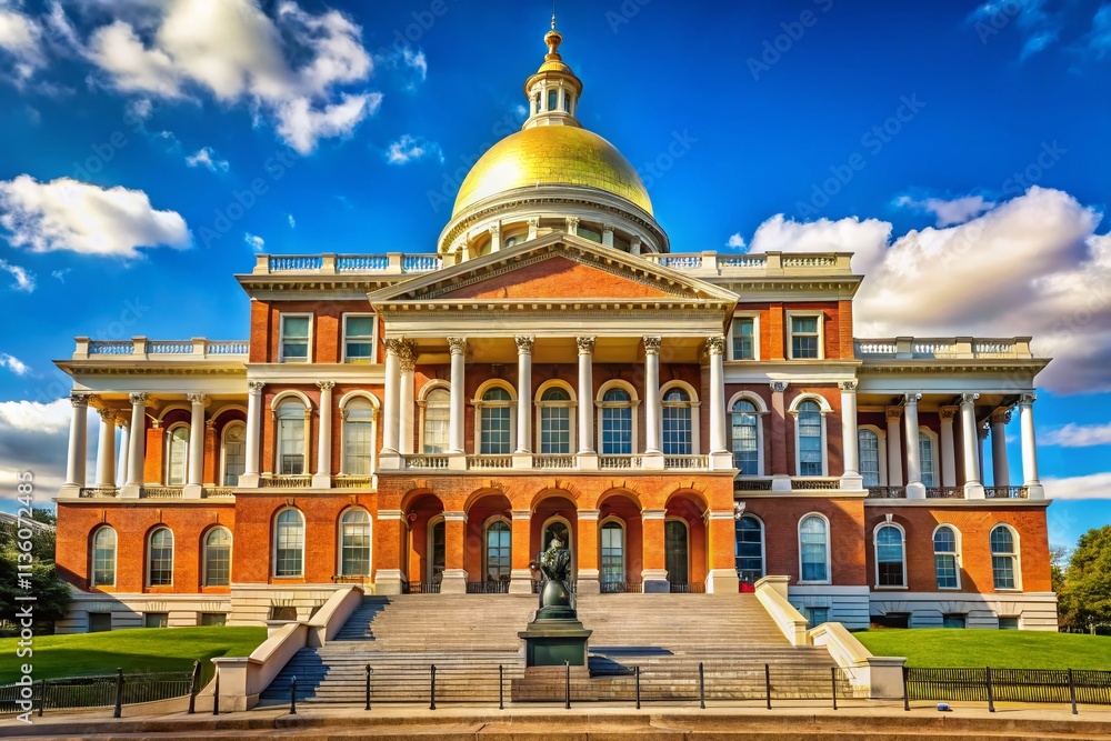 MA State House Facade Sunny Day AI Photography, Architectural Vision MA State House Facade Sunny Day AI Photography, Architectural Vision