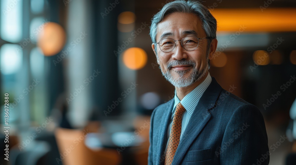 Fototapeta premium Senior male lawyer with graying hair smiles confidently in a modern office setting
