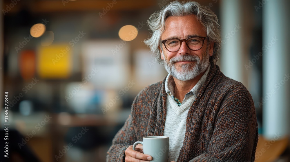 Senior male teacher holds a cup of coffee in a cozy classroom setting during daytime Senior male teacher holds a cup of coffee in a cozy classroom setting during daytime
