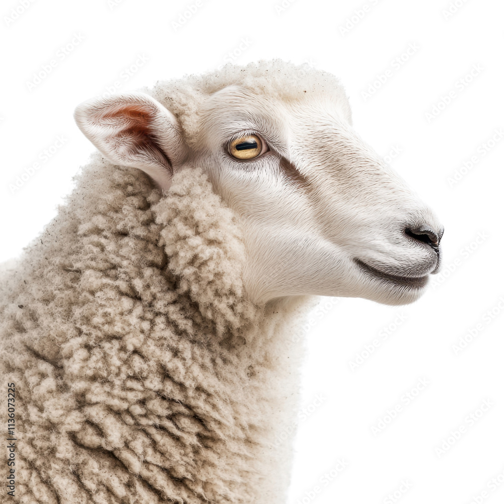 Curious Sheep with Fluffy Wool against White Background Curious Sheep with Fluffy Wool against White Background
