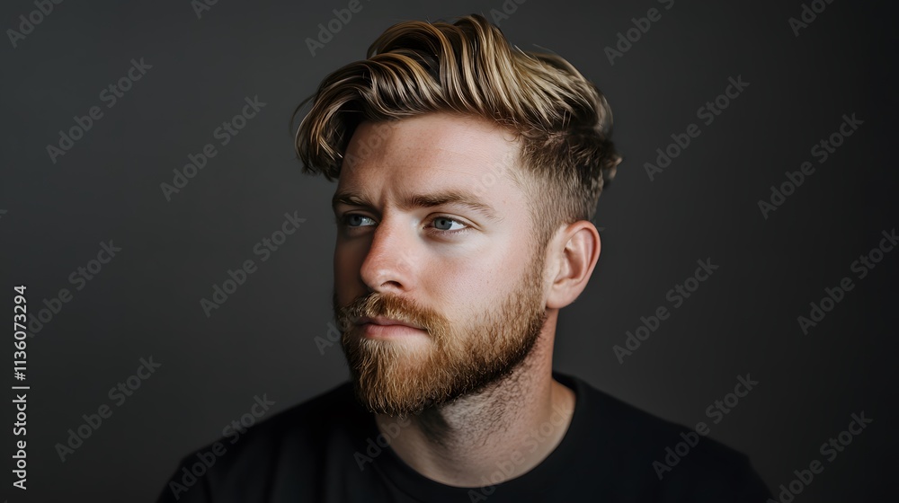 Fototapeta premium A captivating portrait of a young man with wavy, blond-highlighted hair and a neatly trimmed beard.