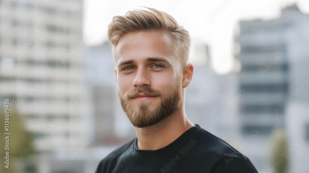 Portrait of a Modern Leader. A poised portrait of a man with a sleek, side-parted haircut and a well-groomed beard, standing against an urban skyline backdrop. Portrait of a Modern Leader. A poised portrait of a man with a sleek, side-parted haircut and a well-groomed beard, standing against an urban skyline backdrop.