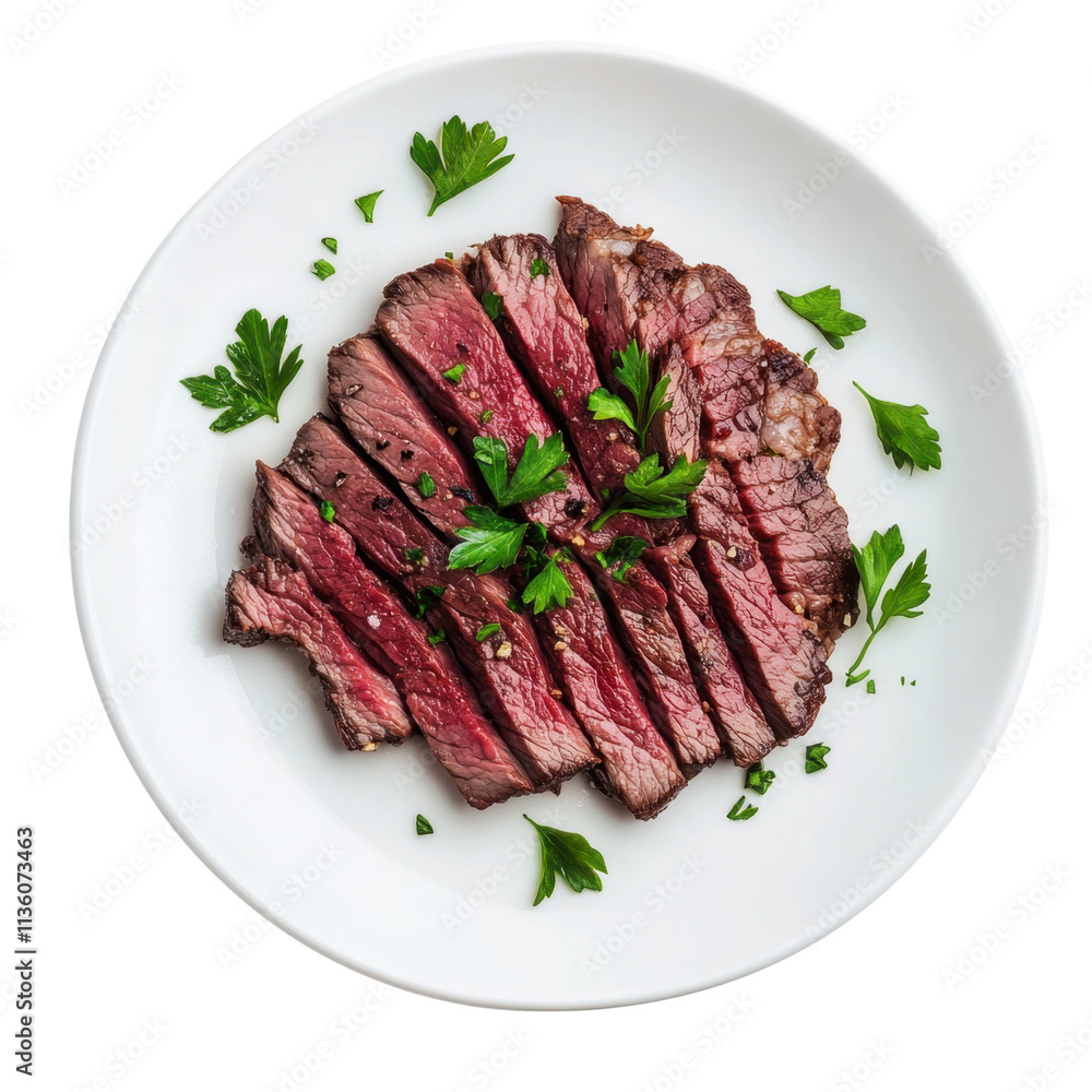 Sliced Juicy Steak with Fresh Herbs on White Plate Presentation Sliced Juicy Steak with Fresh Herbs on White Plate Presentation