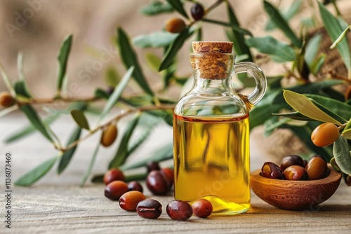 Close-up of jojoba plant leaves and seeds in a glass jar. Jojoba oil on a wooden surface. Nature and beauty concept. Generative AI
