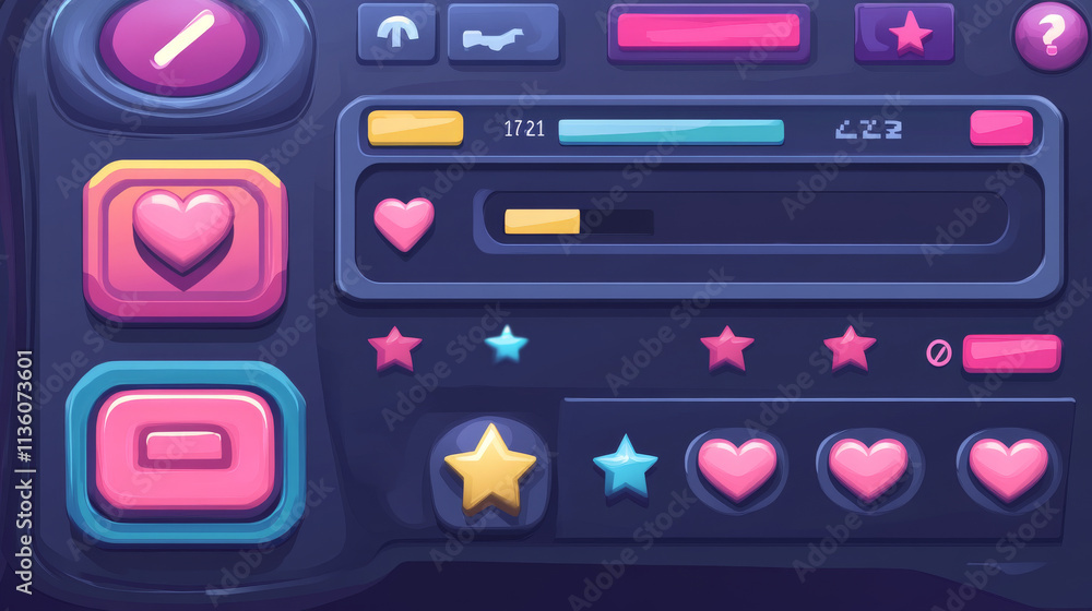 Diamond game ui buttons, pink crystal progress bar, Cartoon menu interface gui elements. User setting panel, slider, star, heart, pause and arrows login and password board, isolated vector icons set Diamond game ui buttons, pink crystal progress bar, Cartoon menu interface gui elements. User setting panel, slider, star, heart, pause and arrows login and password board, isolated vector icons set