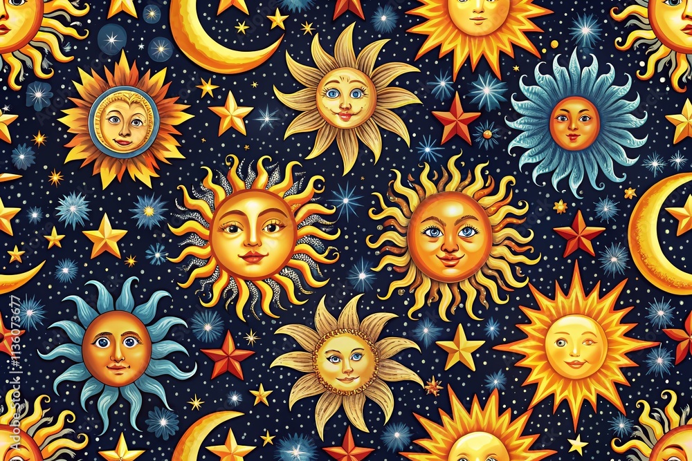 Mystical Celestial Pattern - Sun, Moon, Stars - Zodiac Fabric Mystical Celestial Pattern - Sun, Moon, Stars - Zodiac Fabric