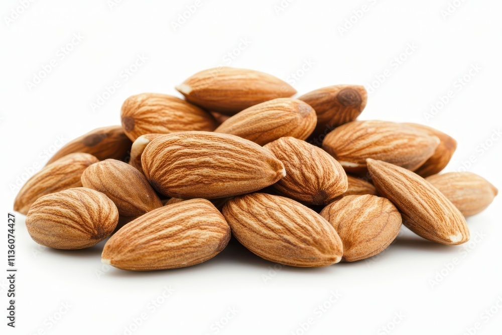 Almonds in various shapes and sizes arranged neatly on a white background Almonds in various shapes and sizes arranged neatly on a white background