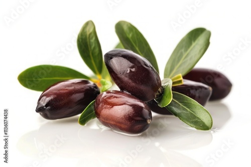 Fresh Jojoba Seeds with Green Leaves on White Background. Generative AI photo