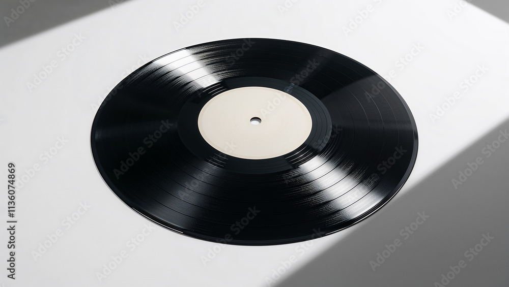 Black vinyl record with blank label on white background illuminated by sunlight Black vinyl record with blank label on white background illuminated by sunlight