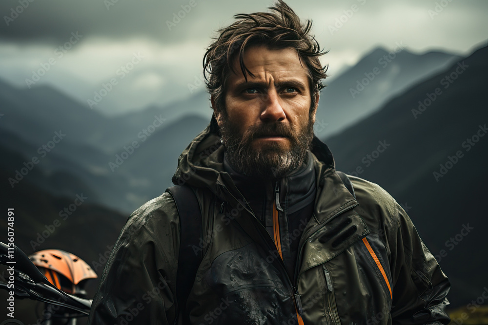 portrait of a cyclist or motorcyclist on top of a mountain, looking at the mountain range in the clouds. portrait of a cyclist or motorcyclist on top of a mountain, looking at the mountain range in the clouds.