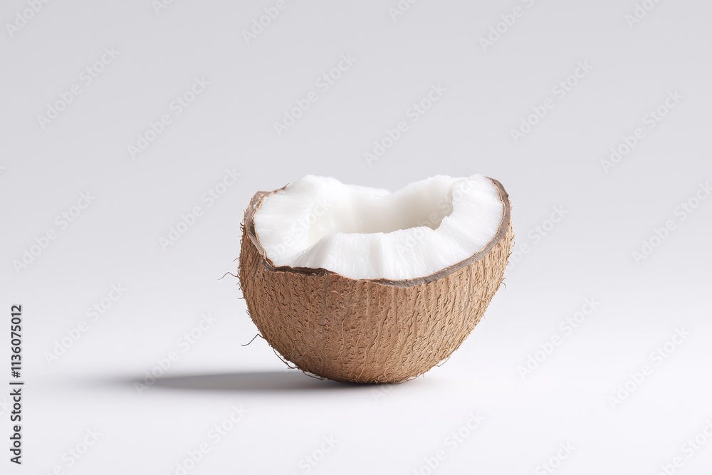 Fresh coconut half on a clean white background showcasing natural texture and color Fresh coconut half on a clean white background showcasing natural texture and color