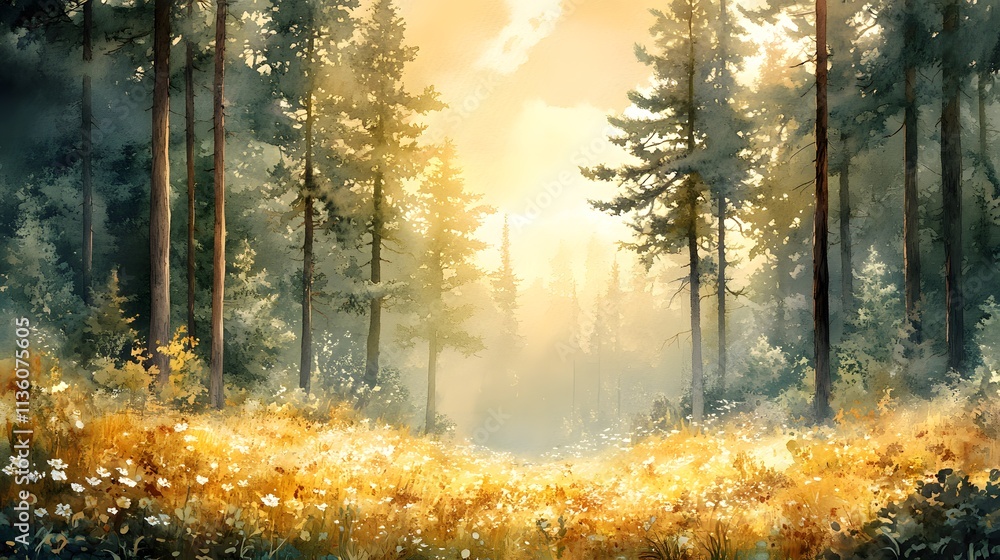 Fototapeta premium A serene watercolor painting of a sunlit forest path, surrounded by lush greenery and tall trees.