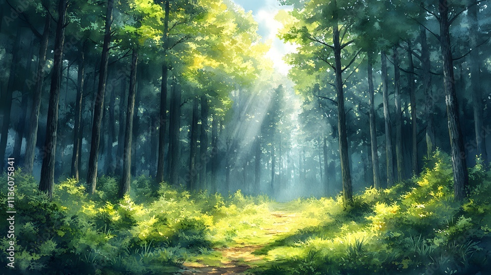 Fototapeta premium A serene watercolor painting of a sunlit forest path, surrounded by lush greenery and tall trees.
