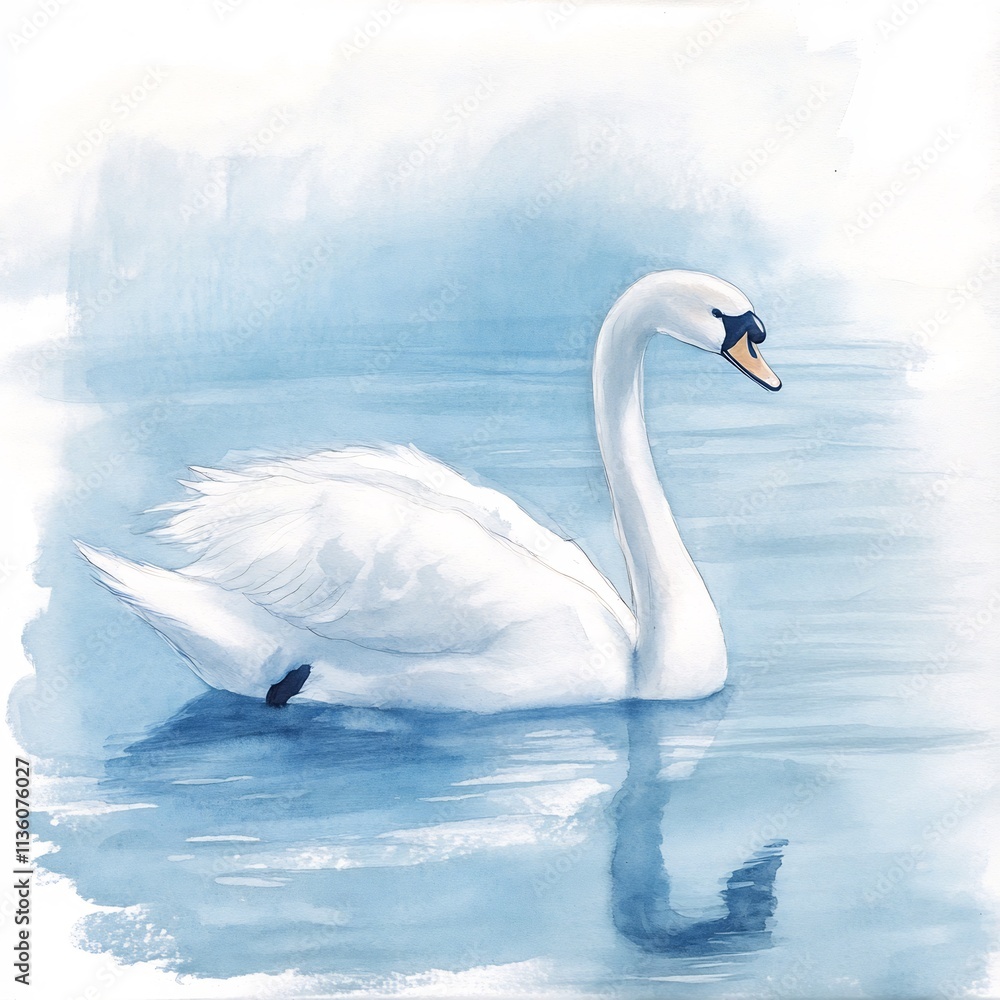 Fototapeta premium Graceful Swan Floating on Tranquil Watercolor Lake