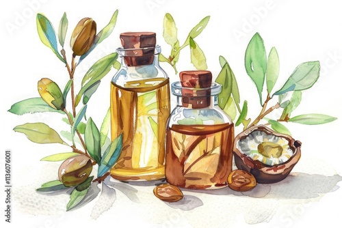 Watercolor illustration of two glass bottles of golden jojoba oil surrounded by green leaves, seeds, and an open pod, highlighting a natural and organic theme. Generative AI photo