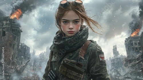 Anime character in deconstructed military coat against an industrial urban landscape: Stunning light gradients and exceptional architectural detail. A captivating digital painting. photo