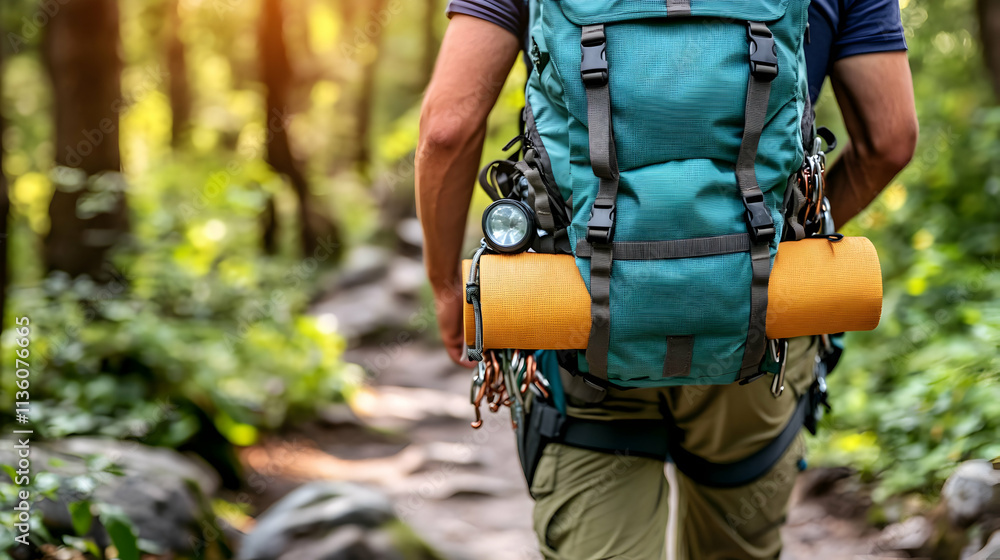 Hiker with backpack on forest trail. Hiker with backpack on forest trail.