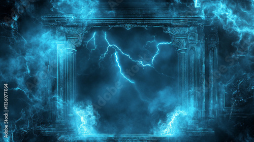 Realistic thunder light and blue smoke cloud bottom frame. Mysterious lightning glow border wide panoramic element. Fluffy magic spell mist glowing with bolt energy charge overlay turquoise design photo