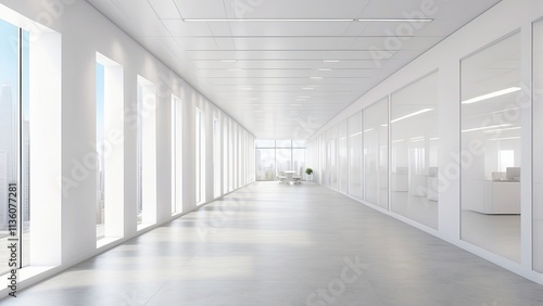 White open area office corridor with hyperrealistic mock-up wall.