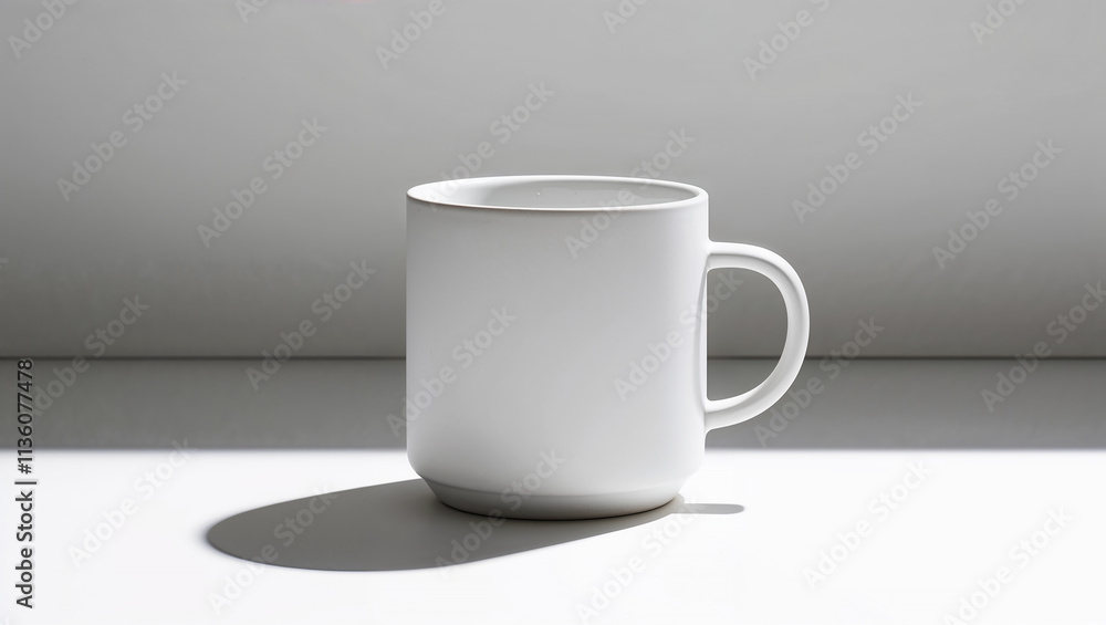 Obraz premium White mug casting a long shadow on a white table in bright sunlight