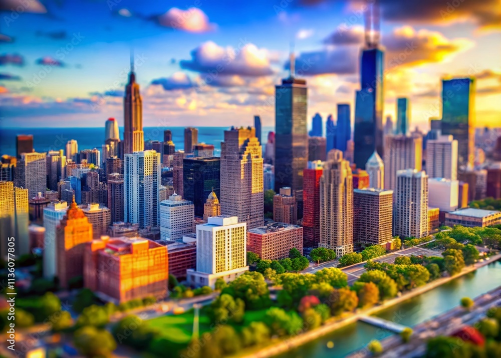 Obraz premium Chicago Skyline Tilt-Shift Painting - Vibrant Colors, Miniature Cityscape