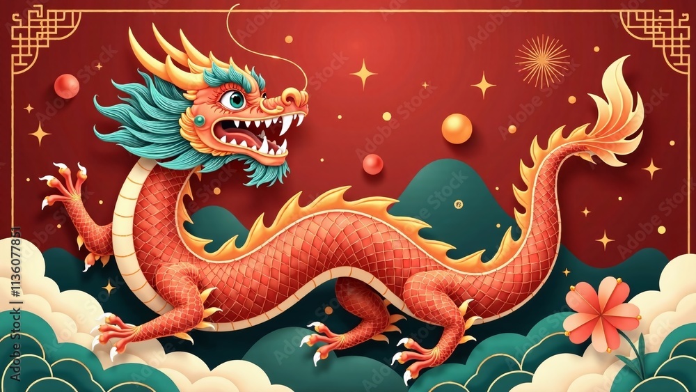 Fototapeta premium Vintage Chinese New Year Dragon Poster Design - Auspicious Year of the Dragon