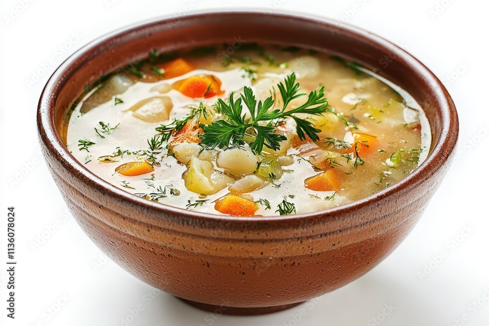 Delicious homemade vegetable soup served in a rustic bowl on a bright white background Delicious homemade vegetable soup served in a rustic bowl on a bright white background
