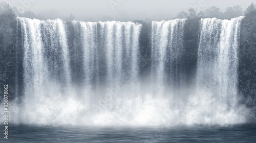 Waterfalls cascade, isolated on transparent background. Vector realistic river water fall with splash and fog. Set of liquid streams, flow of pure aqua, shower or rain