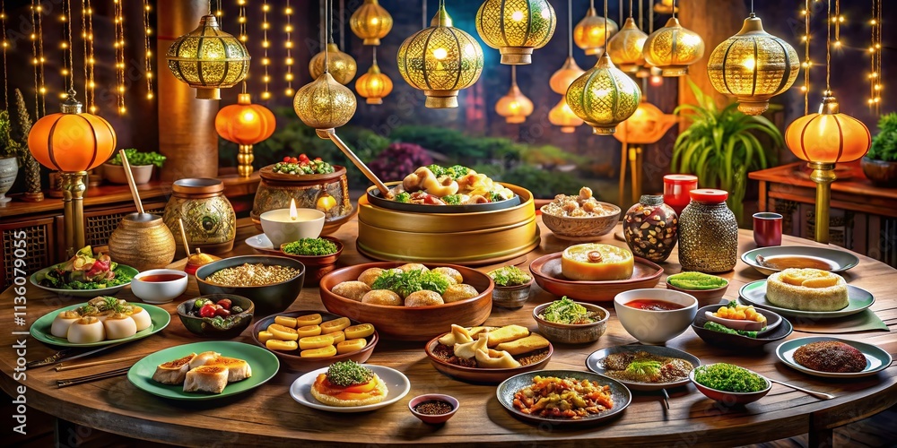 Circular Dining Table with Global Feast: An Abundant Display of Dim Sum, Tacos, Croissants, and Curries Surrounded by Luxurious Decor for a Memorable Dining Experience Circular Dining Table with Global Feast: An Abundant Display of Dim Sum, Tacos, Croissants, and Curries Surrounded by Luxurious Decor for a Memorable Dining Experience