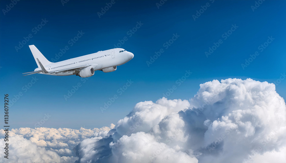 Fototapeta premium A sleek commercial airplane climbs gracefully, its tail glimmering against a backdrop of cotton-like clouds. The scene captures the essence of flight on a bright day, evoking a sense of freedom