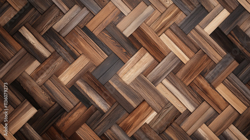 Top view on wood floor surface. Realistic 3d vector illustration set of brown wooden herringbone and plank pattern laminate or parquetry tile samples. Natural hardwood texture plank tabletop.