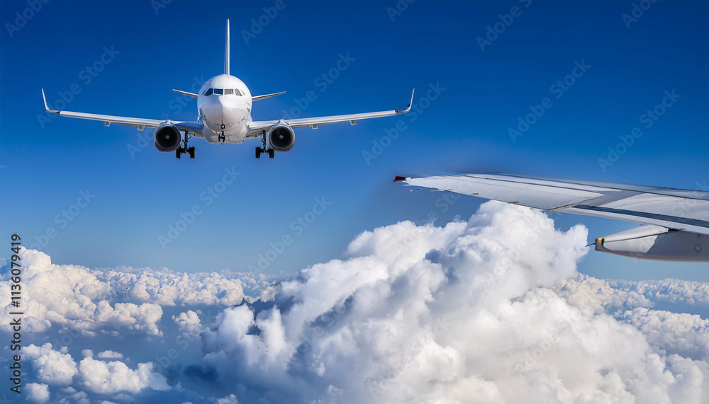 Obraz premium A commercial airplane climbs through a serene expanse of fluffy white clouds, creating a picturesque view against the clear blue sky. This moment captures the essence of aerial journeys and freedom