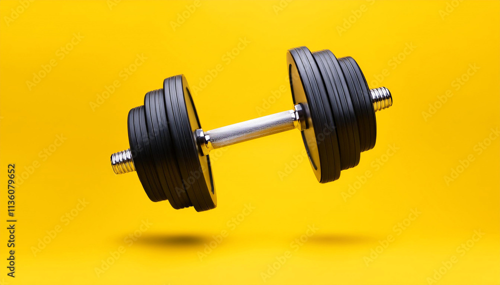 Dumbbell with black plates levitating in air on bright yellow background. Front view with copy space. Creative concept. 3d rendering illustration Dumbbell with black plates levitating in air on bright yellow background. Front view with copy space. Creative concept. 3d rendering illustration