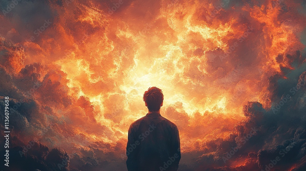 Obraz premium Contemplation: A Figure Before Fiery Sky