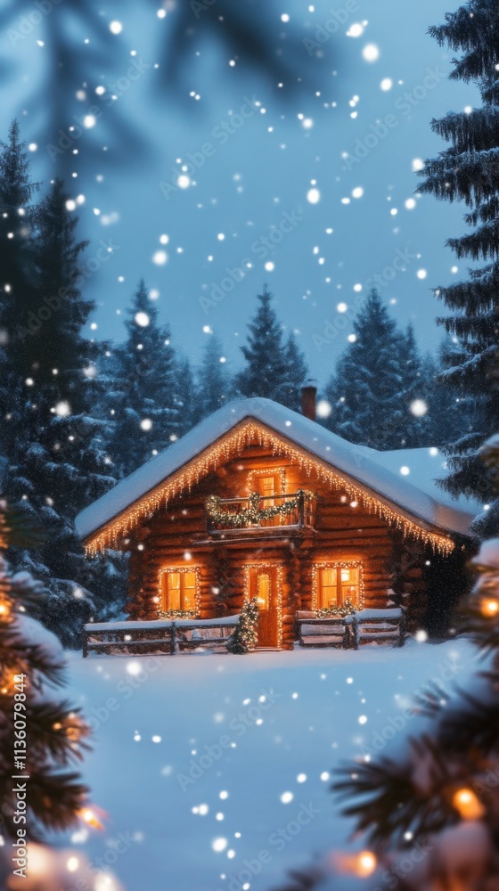 Naklejka premium Cozy log cabin in snowy forest with