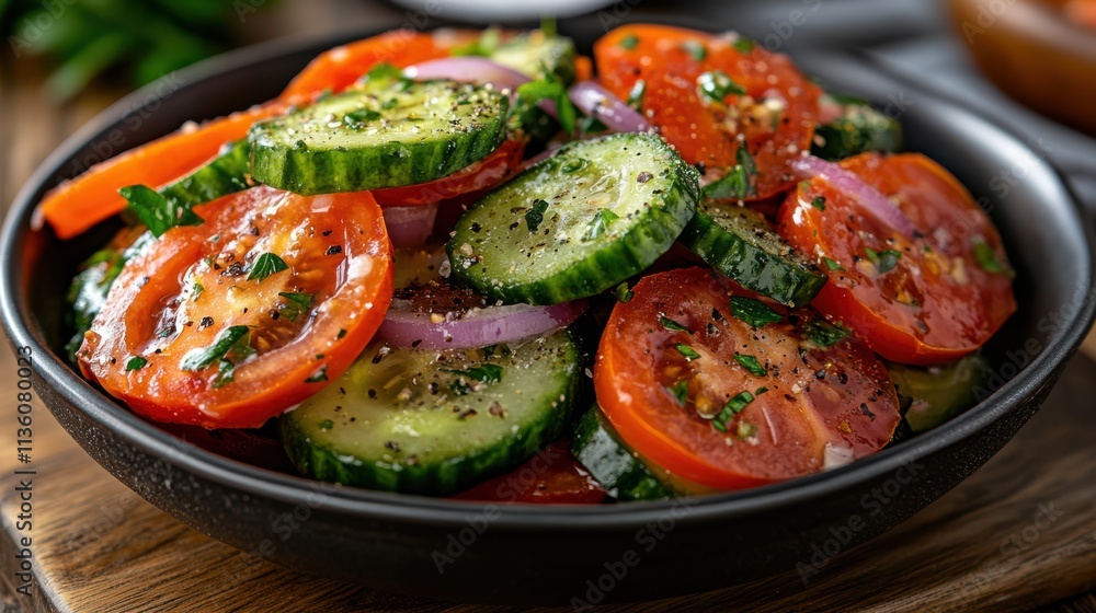 A vibrant medley of sliced cucumbers, tomatoes, and onions seasoned with herbs creates a fresh and savory salad. A vibrant medley of sliced cucumbers, tomatoes, and onions seasoned with herbs creates a fresh and savory salad.