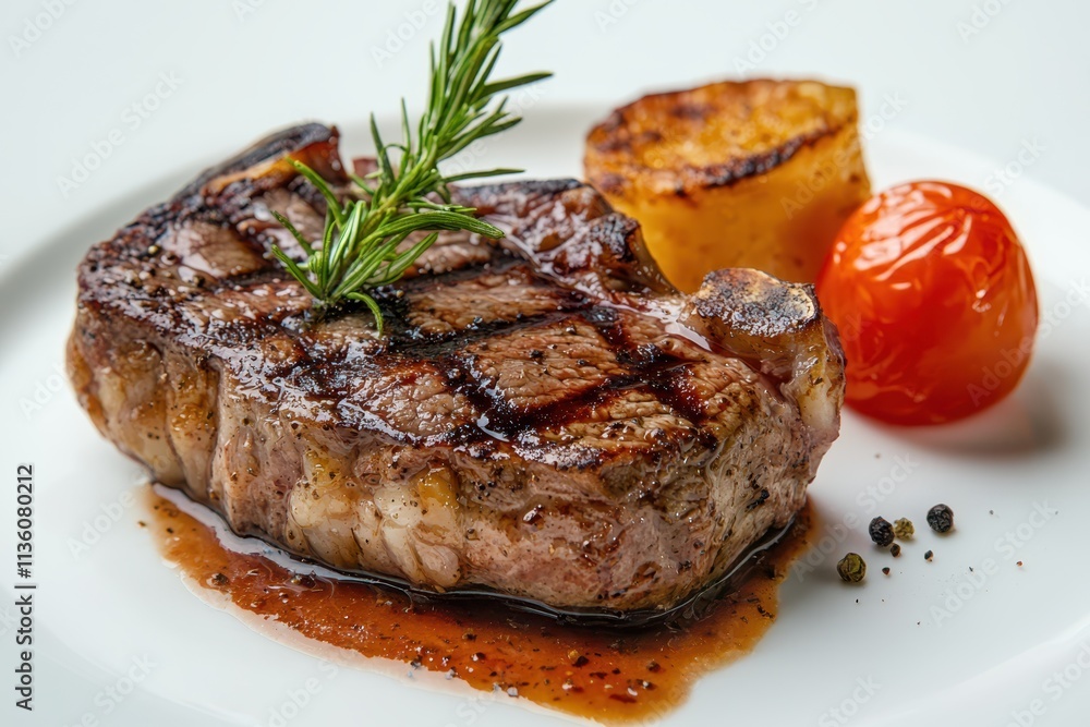 Delicious grilled steak with rosemary and vegetables on a white plate Delicious grilled steak with rosemary and vegetables on a white plate