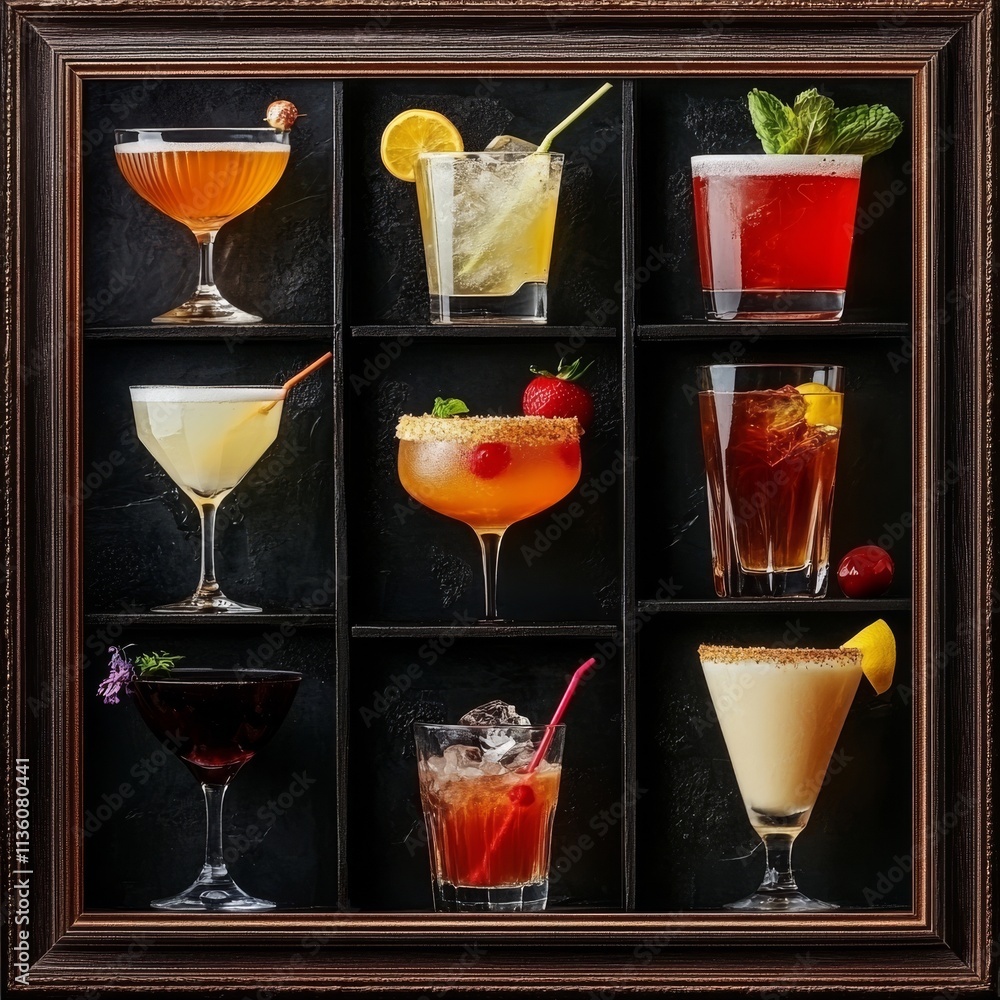 Cocktails nested on a square frame. Cocktails nested on a square frame.