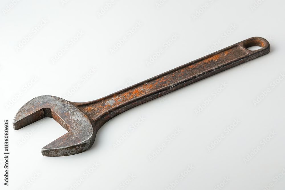 Rusty wrench isolated on clean white background for professional tools display
