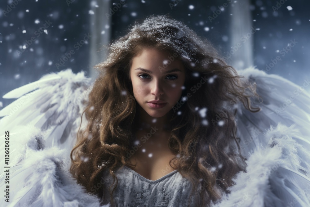 Angelic model with white wings and white dress posing under soft snowfall, creating a magical winter atmosphere Angelic model with white wings and white dress posing under soft snowfall, creating a magical winter atmosphere