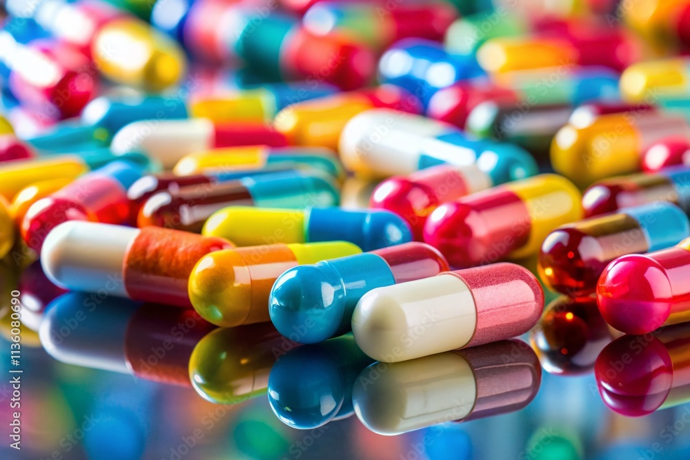 Close-Up of Colorful Pills and Capsules on a Reflective Surface, Showcasing Various Prescription and Over-the-Counter Medications with a Soft Focus Background Close-Up of Colorful Pills and Capsules on a Reflective Surface, Showcasing Various Prescription and Over-the-Counter Medications with a Soft Focus Background