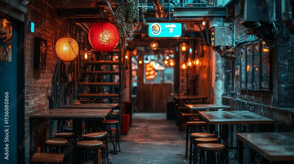 Alleyway with tables, stools, lanterns, dim lights, and exposed brick. Alleyway with tables, stools, lanterns, dim lights, and exposed brick.