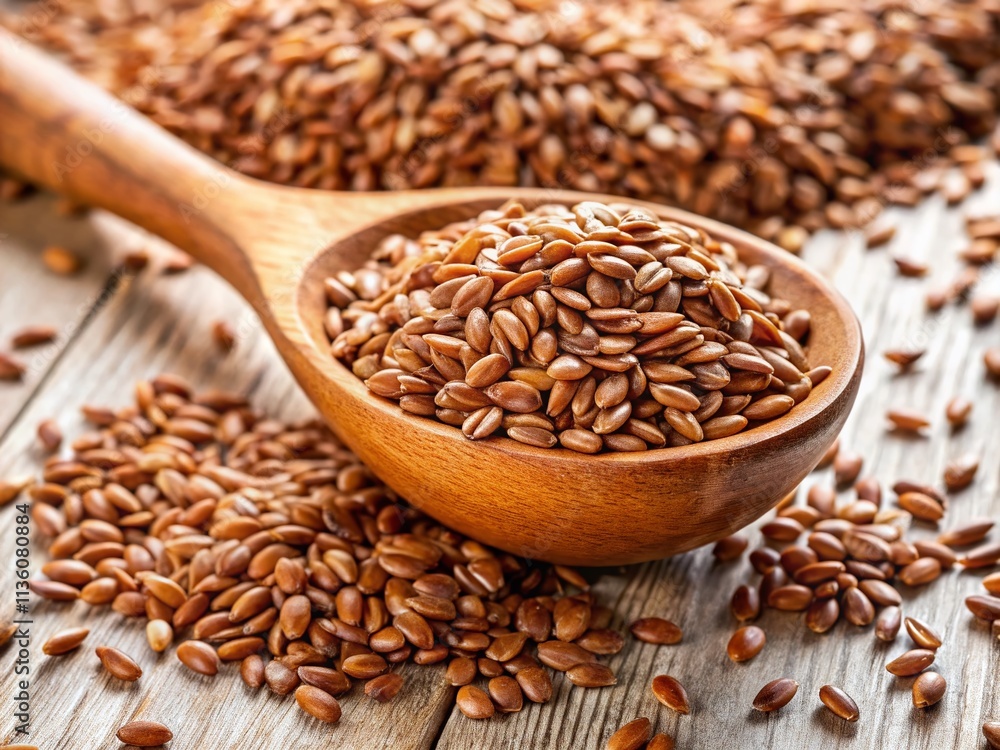 Close-Up of Flax Seeds on Wooden Spoon with Heap Isolated on White Background, Ideal for Health and Nutrition Concepts, Culinary Uses, and Organic Food Promotion Close-Up of Flax Seeds on Wooden Spoon with Heap Isolated on White Background, Ideal for Health and Nutrition Concepts, Culinary Uses, and Organic Food Promotion