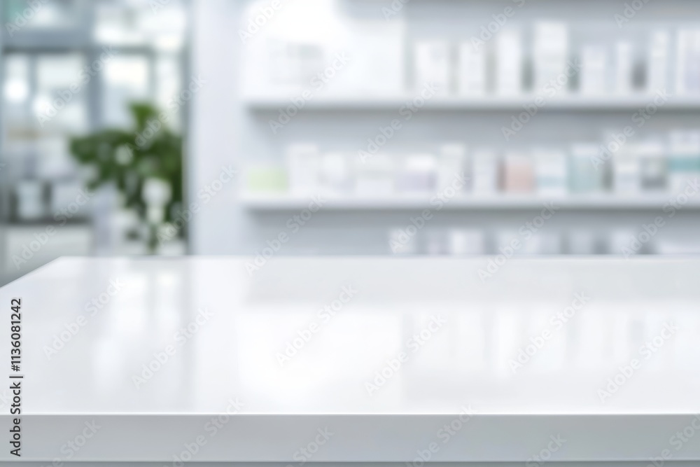 A cheerful closeup of an empty countertop in a bright white pharmacy, enhanced by a softly blurred background, perfect for uplifting health product displays A cheerful closeup of an empty countertop in a bright white pharmacy, enhanced by a softly blurred background, perfect for uplifting health product displays