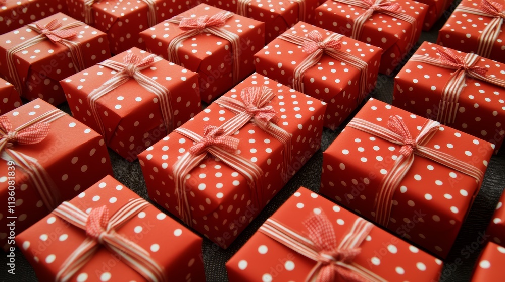 A pile of red gift boxes with white polka dots and bows, arranged in rows on the table A pile of red gift boxes with white polka dots and bows, arranged in rows on the table