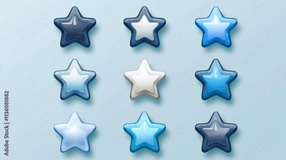 Game icon of rating star colored in blue and silver. Vector sprite sheet with button changes color. Cartoon set of rank, bonus or review symbols isolated on background Game icon of rating star colored in blue and silver. Vector sprite sheet with button changes color. Cartoon set of rank, bonus or review symbols isolated on background