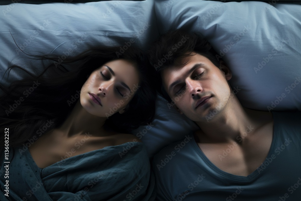 Young couple sleeping soundly in bed, enjoying a peaceful night's rest Young couple sleeping soundly in bed, enjoying a peaceful night's rest
