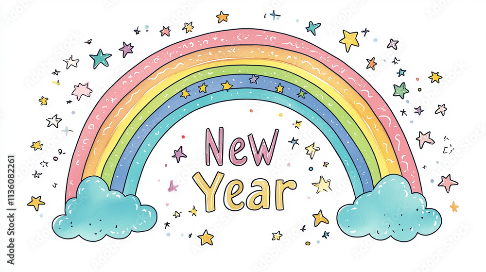A simple drawn cartoon of a rainbow arch with a doodle of A simple drawn cartoon of a rainbow arch with a doodle of