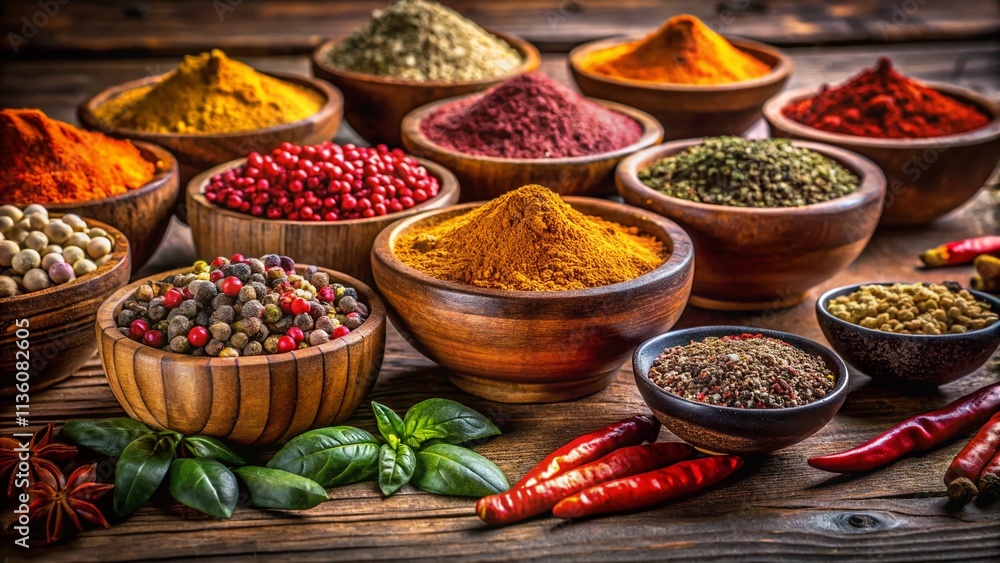 Fototapeta premium Closeup of Wooden Bowls Filled with Colorful Dry Spices on a Dark Wooden Board, Captured in Stunning Night Photography for a Warm and Inviting Kitchen Atmosphere